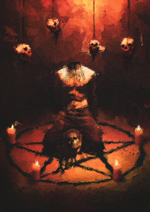 A dark, macabre painting featuring a demonic figure within a red-lit ritualistic circle surrounded by candles and skulls.