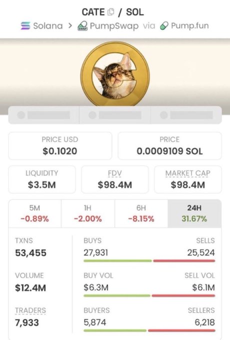 A cryptocurrency trading dashboard shows CATE/SOL token on Solana via PumpSwap, priced at $0.1020 with $98.4M market cap and 24H gain of 31.67%.