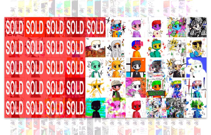 A promotional image showing a grid of various chibi-style cartoon character avatars, with the left side prominently displaying 'SOLD' repeated multiple times in red banners.