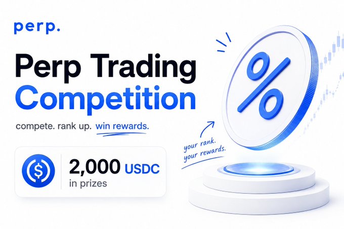 Promotional banner for 'perp.' advertising a Perp Trading Competition with 2,000 USDC in prizes, featuring a blue percentage coin graphic.