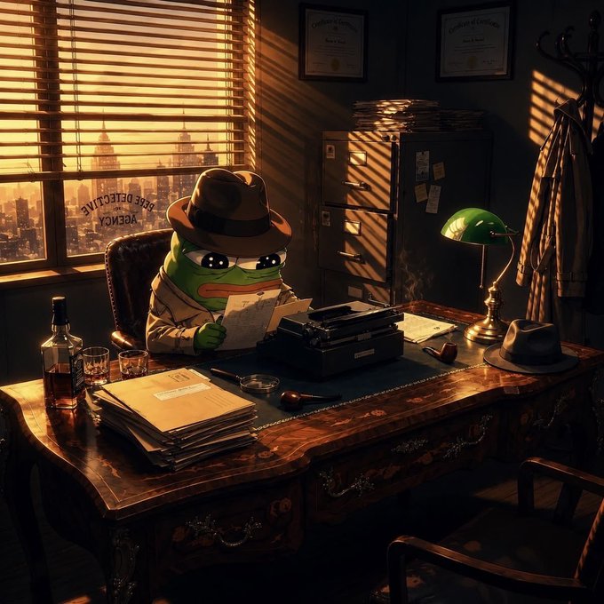 A frog dressed as a 1940s noir detective in a trench coat and fedora, sitting at a wooden desk with a typewriter, a 'POLICE DETECTIVE' sign in the window, and whiskey on the desk.