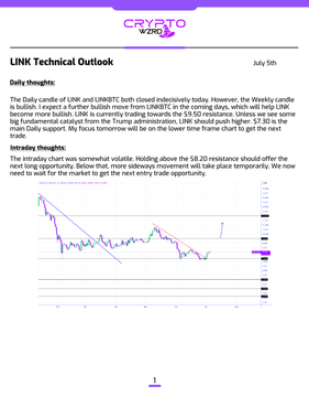 A CryptoZByro technical analysis chart titled "LINK Technical Outlook" dated July 5th, featuring daily and intraday thoughts about the $LINK trading pair, with a candlestick chart showing price action and trendlines. The accompanying post summarizes the bullish outlook, noting that LINK closed green with potential upside toward $8.90 if it holds above $8.20 resistance.