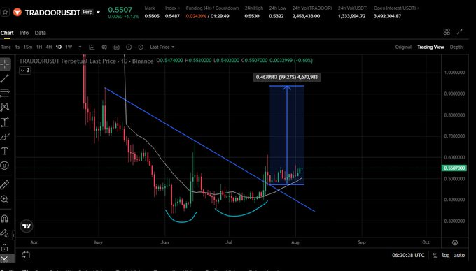 A TradingView daily chart for TRADOORUSDT perpetual on Binance shows price breaking above a descending trendline after forming a double bottom in the May-July range, currently holding around $0.55. A drawn projection extends from the breakout toward approximately $0.96, visually supporting the post's bullish thesis that a sustained hold above the $0.48–$0.50 zone could open the path to significantly higher targets.
