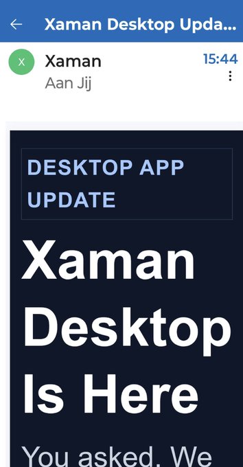 A mobile screenshot showing a Telegram message notification from 'Xaman' with the headline 'Xaman Desktop Is Here' announcing a desktop app update.