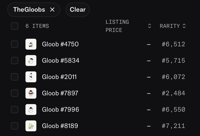 A NFT inventory interface displays 6 items from the 'TheGloobs' collection, showing Gloob NFTs numbered #4750, #5834, #2011, #7897, #7996, and #8189 with their rarity rankings ranging from #2,484 to #7,211.