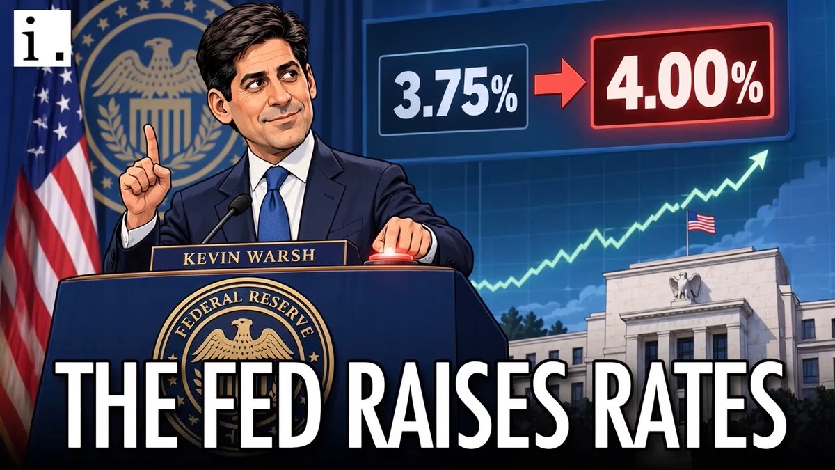 A cartoon-style illustration shows "Kevin Warsh" at a Federal Reserve podium with the text "THE FED RAISES RATES" displayed below, while a graphic above shows interest rates moving from "3.75%" to "4.00%" beside the Federal Reserve building. The image visually reinforces the post's announcement of the Fed's first rate hike in three years under new Chair Kevin Warsh.