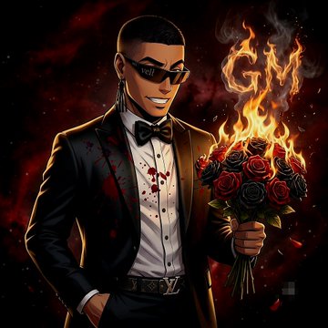 The image shows a stylized illustration of a confident man in a black tuxedo and sunglasses, smirking while holding a bouquet of red and black roses engulfed in flames, with a blood-spattered shirt enhancing the dramatic "glamorous menace" aesthetic. This imagery ties directly into the post's motivational tone—pairing the fierce, money-making energy of "grinding for profits" with a bold, wealth-themed visual to attract traders to deposit via the WEEX referral link.