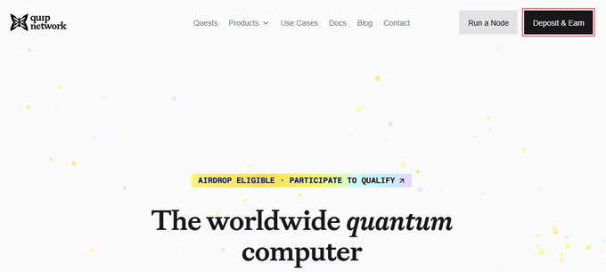 A screenshot of the Quip Network homepage featuring the headline "The worldwide quantum computer" and an "AIRDROP ELIGIBLE - PARTICIPATE TO QUALIFY" banner. The image relates to the post as it shows the Quip Network website, which is associated with the QuipSwap app the author checks upon waking to see if the public orderbook has launched.