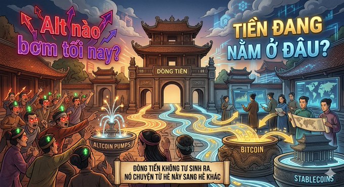 An illustration of a traditional East Asian temple gateway labeled 'DONG TIEN', with Vietnamese text 'Alt nào bơm tới nay?' and 'TIỀN ĐANG NẰM Ở ĐÂU?', showing people examining pots for 'ALTCOIN PUMPS', 'BITCOIN', and 'STABLECOINS'.