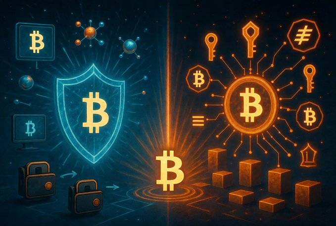A digital illustration contrasting two aspects of Bitcoin: the left side features a blue protective shield with the Bitcoin 'B' symbol alongside locks and computer screens, representing security, while the right side displays an orange radiant Bitcoin emblem surrounded by keys, circuit patterns, and '≠' symbols, representing the technology and complexity of cryptocurrency.