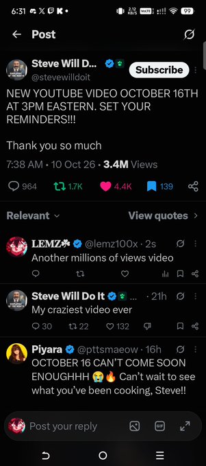 A screenshot of an X (Twitter) post by Steve Will Do It (@stevewilldoit) announcing a new YouTube video on October 16th at 3PM Eastern, with 3.4M views and replies from fans.