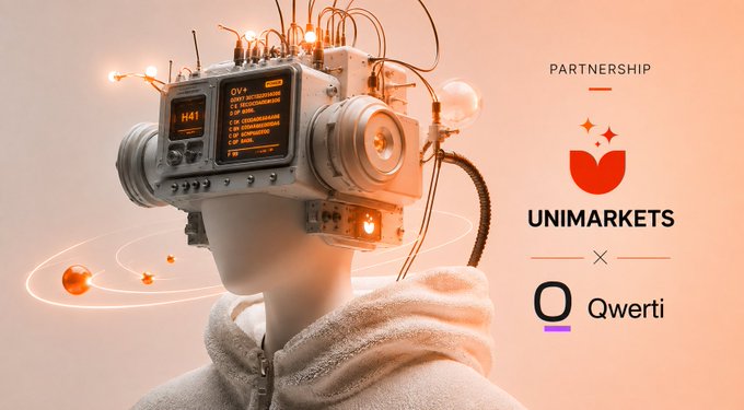 A stylized 3D-rendered figure wearing a large, futuristic tech-headset with exposed wires and glowing screens appears beside a "PARTNERSHIP" announcement linking "UNIMARKETS" and "QwertiAI," visually reinforcing the post's theme of teaming up with the AI-powered Web3 platform.