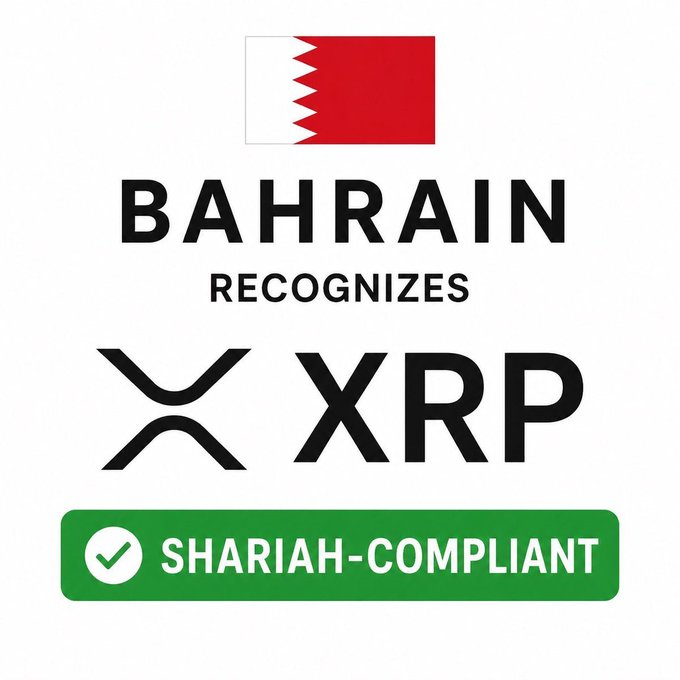 A graphic displaying the Bahrain flag above the text 'BAHRAIN RECOGNIZES XRP' and a green badge reading '✓ SHARIAH-COMPLIANT'.