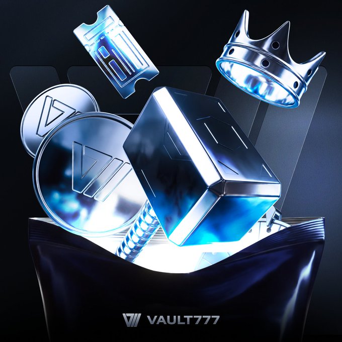 The image shows a dramatic 3D render of metallic prizes—including a hammer, crown, coins, and tickets—bursting from a glowing vault bag labeled "VAULT777" in cool blue lighting. It visually reinforces the post's message of a no-strings-attached promotional pack, where players can wager just $1 to potentially unlock rewards like cashback, vouchers, or even a share of the Vault777 prize pool.