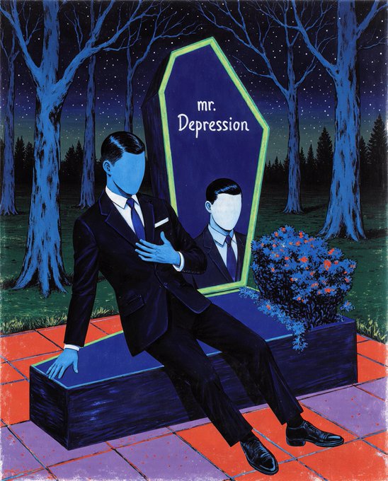 An illustration depicts a blue-skinned man in a suit sitting on a coffin before a mirror labeled 'mr. Depression', with only his reflection showing his face.