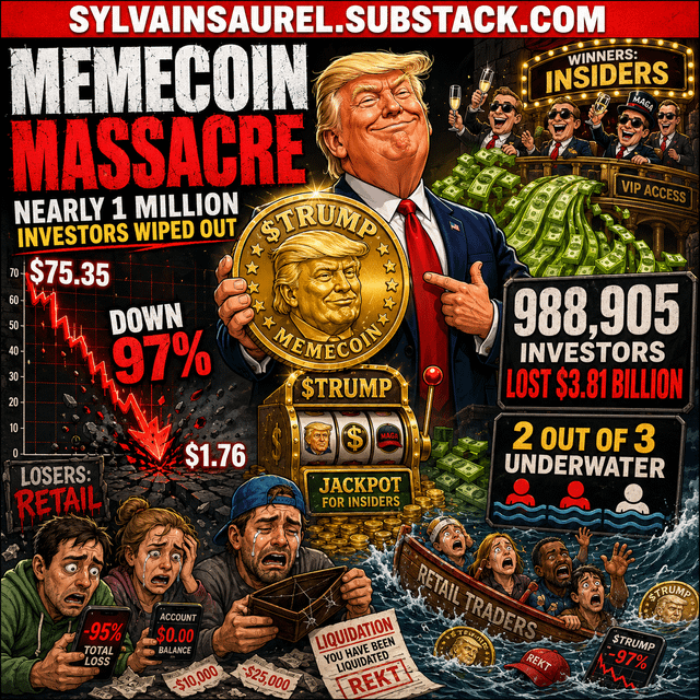 A promotional image for a Substack article titled "MEMECOIN MASSACRE," featuring a caricature of Donald Trump holding a "$TRUMP MEMECOIN" alongside alarming statistics showing 988,905 investors losing $3.81 billion, a 97% price crash from $75.35 to $1.76, and 2 out of 3 underwater, with depictions of distressed retail traders in a sinking boat labeled "RETAIL TRADERS" contrasted against insiders celebrating in a VIP section.