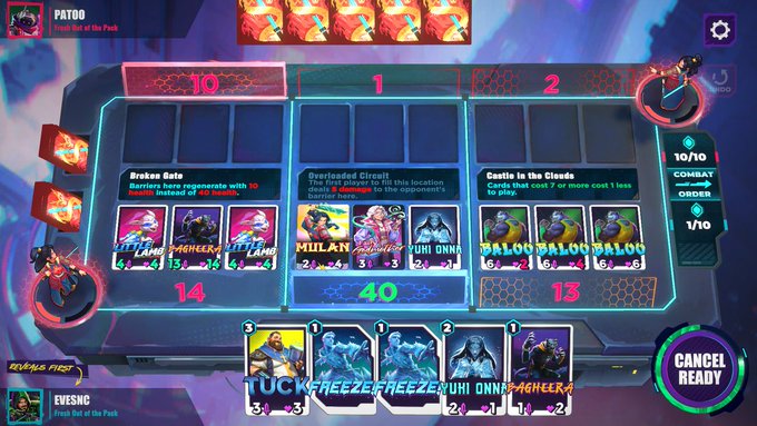 A Marvel Snap game screen showing three locations: 'Broken Gate' (14), 'Overloaded Circuits' (40), and 'Castle in the Clouds' (13), with various cards including Hulk, Milano, and Stegron in play.