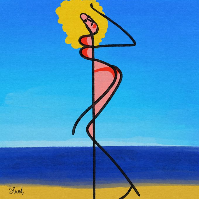 A stylized painting of a slender woman in a pink dress with bright yellow hair posing on a beach against a blue sky and ocean, signed 'B. Lund' in the bottom left.