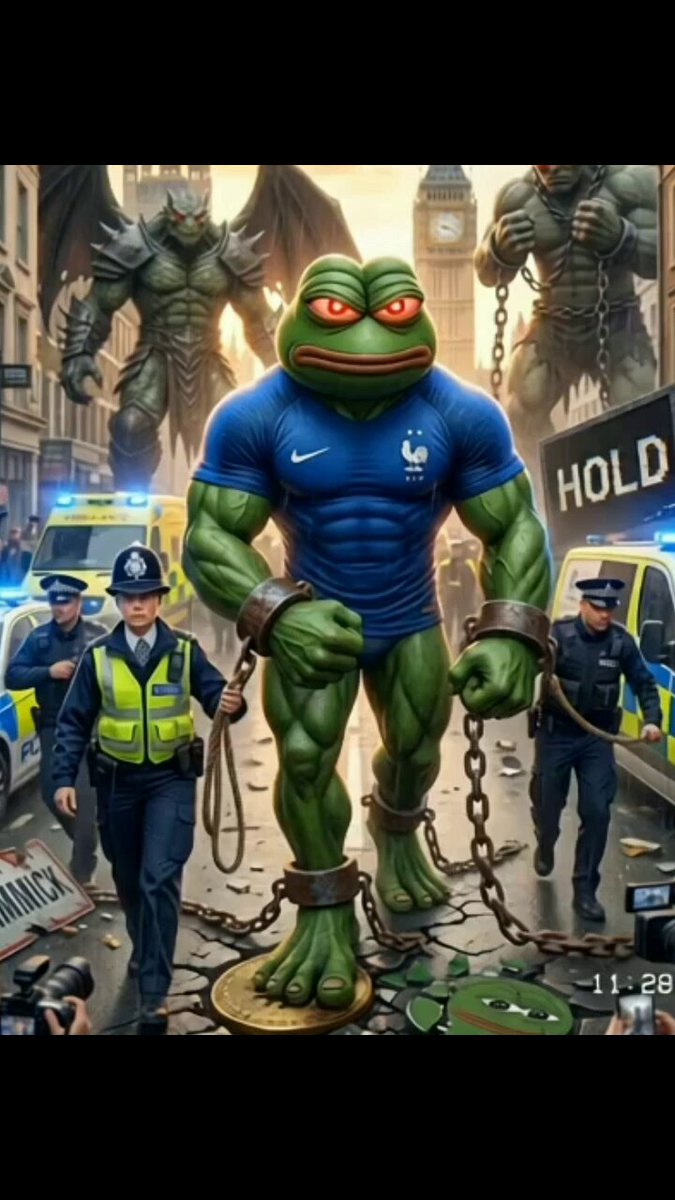 The image features a muscular green frog with chains around its neck, standing in front of a group of police officers who are holding up signs that say "Hold" and "POTX". The scene appears to be set in an urban environment, possibly on a street or sidewalk. The post seems to be promoting a meme or joke about the character POTX from the popular video game Fortnite.