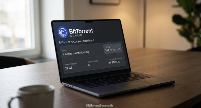 A laptop on a wooden desk displays the 'BitTorrent AI Compute' dashboard showing Active & Contributing status, $14.85 USD earnings, 24 GB vRAM Allocated, 8 Network Tasks, and 84 TFLOPS Compute Capacity, with '#BitTorrentCommunity' at the bottom.