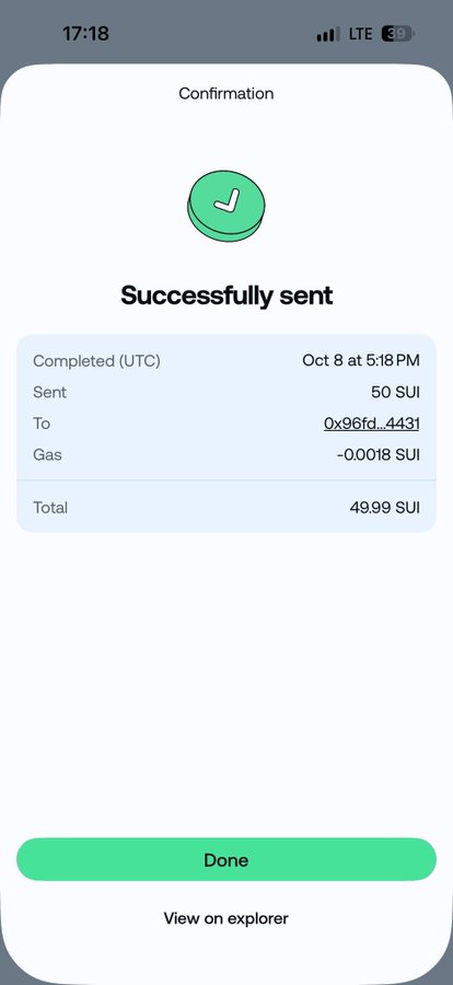 A mobile wallet confirmation screen showing a successful transaction of 50 SUI sent to address 0x96fd...4431 on October 8th at 5:18 PM, with a total of 49.99 SUI.