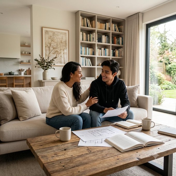 A warm living room scene with a couple sitting on a beige couch smiling together while reviewing papers, with a wooden coffee table holding mugs and books in the foreground.