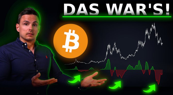 A man gestures in surprise in front of a Bitcoin price chart with green and red indicators and the bold text "DAS WAR'S!" (German for "That's it!"). The image visually reinforces the post's claim that Bitcoin's bear market has peaked, with the chart and gestures emphasizing the pivotal turning point in market sentiment.
