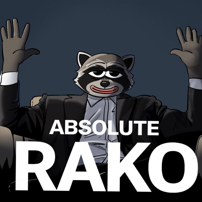 A cartoon raccoon in a black suit raises both hands with a smug expression, accompanied by bold white text reading "ABSOLUTE RAKO." The image serves as a meme celebrating the artist, paired with a Solana memecoin contract address (5sd8bKraewJNHFg72scxxYXNeLCASVct1gxqi3Xipump) promoting the "RAKO" token.