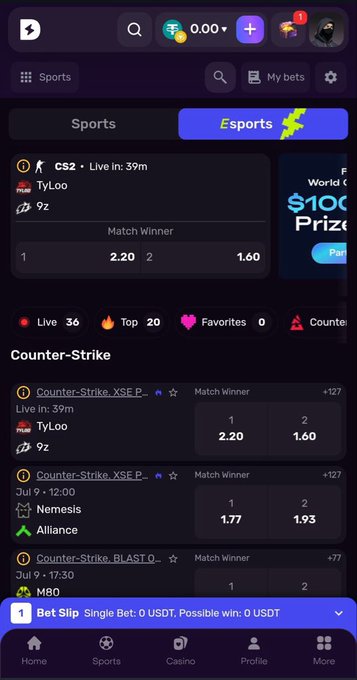 A sports betting app interface (CryptoLeo) showing Counter-Strike esports matches with live odds for games including TyLoo vs 9z and Nemesis vs Alliance.