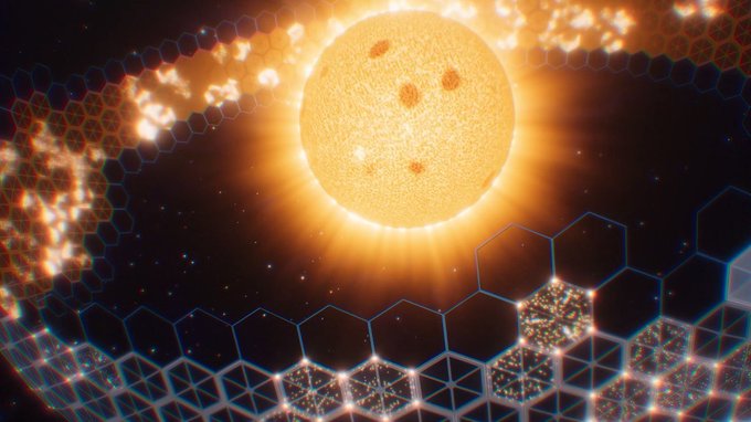A digital illustration of a bright, glowing yellow sun in space, surrounded by glowing hexagonal patterns and dark cosmic clouds.