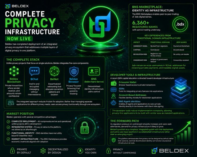 An infographic by Beldex titled "COMPLETE PRIVACY INFRASTRUCTURE NOW LIVE," detailing their privacy ecosystem, components like Beldex Blockchain and BChat, and comparing BNS names to traditional domains.