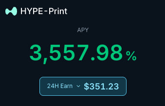 The image displays a HYPE-Print promotional graphic featuring an eye-catching APY of 3,557.98% and a 24-hour earnings figure of $351.23, directly supporting the post's claim about improving yields by showcasing the high return rate users can earn through trading HYPE on Pacifica.