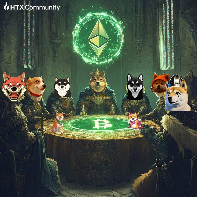 A fantasy-themed image showing various Shiba Inu dogs dressed as medieval warriors gathered around a stone table, with the HTX Community logo and a glowing green Ethereum symbol above them.
