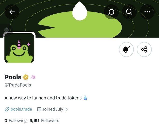 A screenshot of a Twitter/X profile for "Pools" (@TradePools) showing 9,191 followers, featuring a green frog avatar with a unicorn horn, with the bio stating "A new way to launch and trade tokens" and linked to pools.trade. This aligns with the post teasing an imminent platform launch, likely referencing Uniswap's upcoming token launch feature as competition.