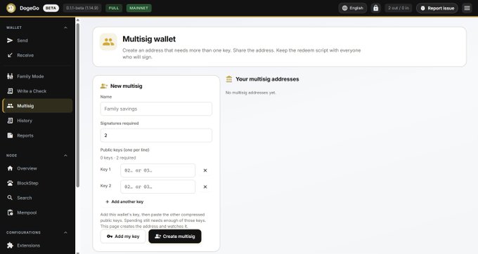 Screenshot of the DogeOS Dogecoin wallet interface showing the 'New multisig' setup with two required signatures and public keys for a 'Family savings' wallet.
