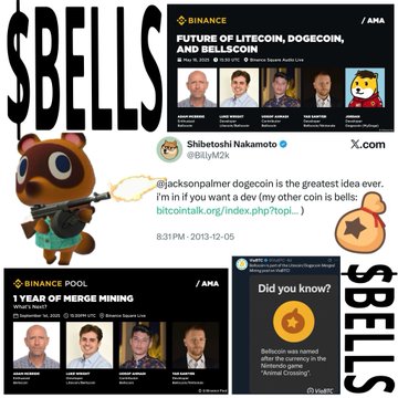 A collage of images and tweets related to the cryptocurrency '$BELLS', featuring the Binance AMA about Litecoin, Dogecoin, and Bellscoin, with a quote from Satoshi Nakamoto.