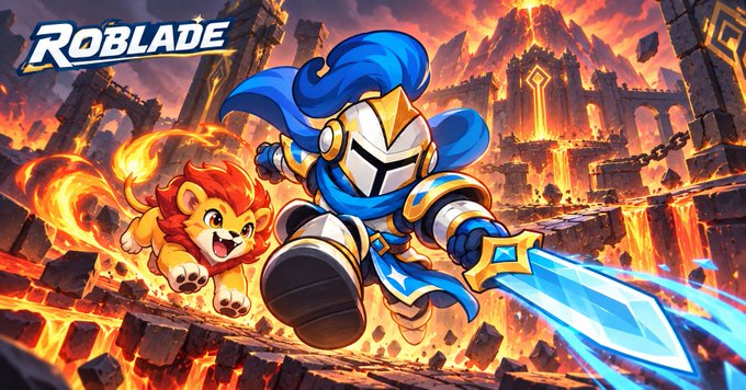 The promotional image for "ROBLADE" features a blue-armored knight wielding a glowing blue sword alongside a fiery lion companion, charging through a dramatic volcanic landscape with lava flows and ancient ruins. The "ROBLADE" logo appears in bold yellow text in the upper left corner, and the scene ties to the "gm" post by showcasing the game's epic, action-packed fantasy world as a vibrant good morning greeting.