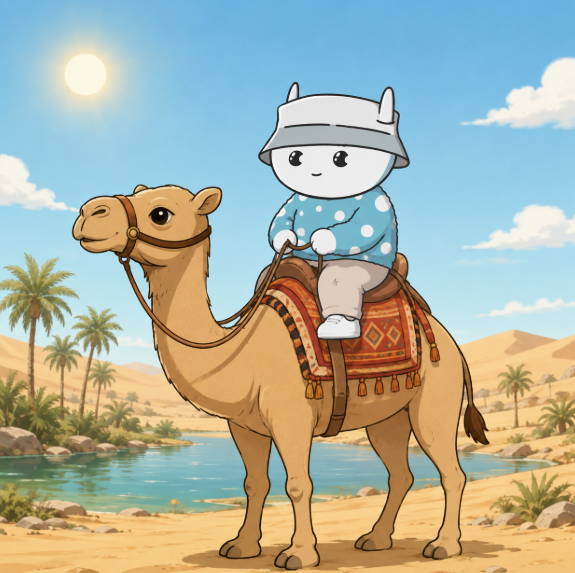 An illustration features a cute, cartoon-style white character wearing a bucket hat and blue polka-dot shirt, riding a brown camel in a sunny desert oasis.