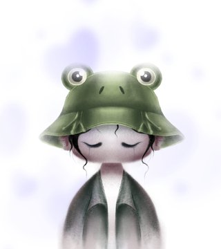 An illustration of a child with closed eyes wearing a large green frog hat, set against a soft, blurred background.