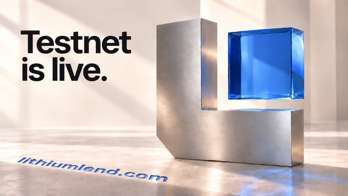 Promotional banner reading “Testnet is live.” and “lithiumlend.com,” featuring a metallic geometric structure with a blue glass cube, announcing the launch of LitVM testnet. It supports the post about supplying USDC or borrowing against native zkLTC without wrapping.