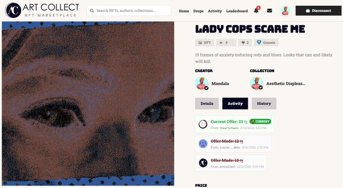 An 'ART COLLECT NFT MARKETPLACE' page for an NFT titled 'LADY COPS SCARE ME' by creator Mandala from the Aesthetic Displea... collection, currently with an offer of 23 from TheArtToken.