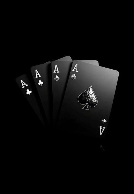 Four black aces with metallic silver suit symbols fan out against a dark background.