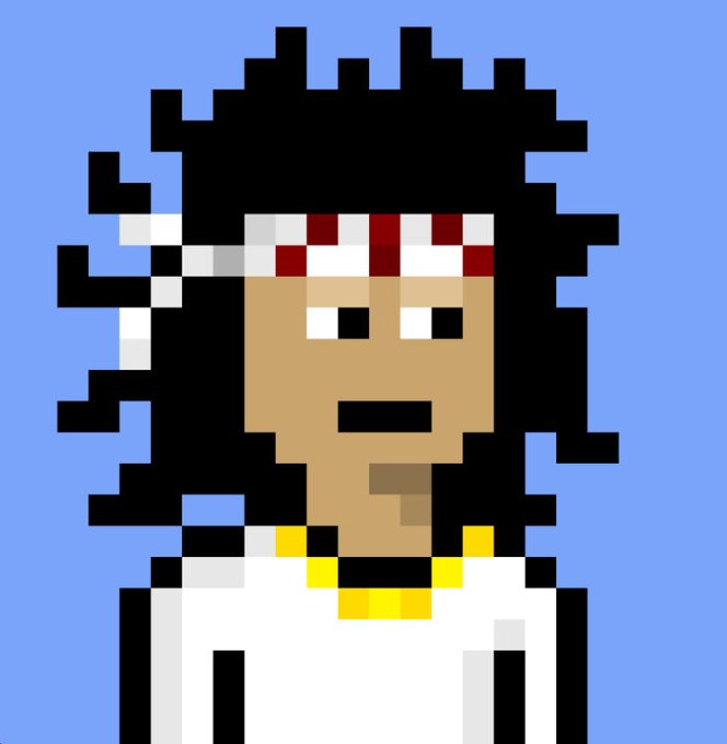 A pixel art style portrait of a Black character with a large afro, wearing a red and white checkered headband and a white shirt with yellow accents, set against a light blue background.