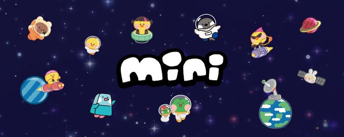 The image features a space-themed promotional graphic with the word "MINI" prominently displayed in white bubble letters at the center, surrounded by cute cartoon characters dressed as astronauts, floating among planets, rockets, and stars against a dark cosmic background.

This visual relates to the post by showcasing the playful, gamified branding of Minicoin's "ROOM" mini-game, emphasizing the cute, accessible aesthetic that disguises its role as an entry point to a broader launch ecosystem on LINE.