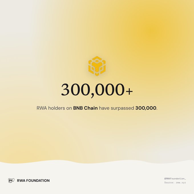 A graphic with a yellow gradient background displaying '300,000+' indicating that RWA holders on BNB Chain have surpassed this number, credited to RWA Foundation.