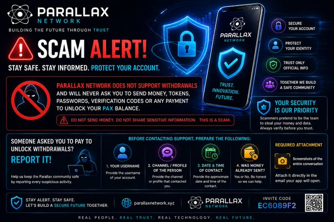 A 'SCAM ALERT!' notice for 'PARALLAX NETWORK' (parallaxnetwork.xyz) warning users that the platform does not support withdrawals and that anyone asking for payment to unlock withdrawals is a scammer, with an invite code 'EC6089F2' displayed.