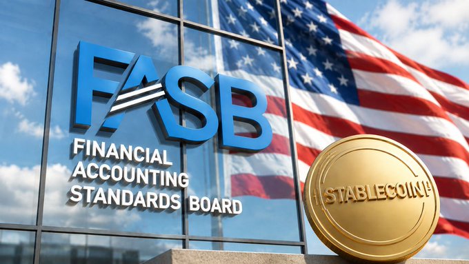 The image shows the Financial Accounting Standards Board (FASB) logo on a glass building with the American flag waving in the background, alongside a gold coin labeled "Stablecoin," symbolizing the U.S. initiative to elevate stablecoins to cash-equivalent asset status.