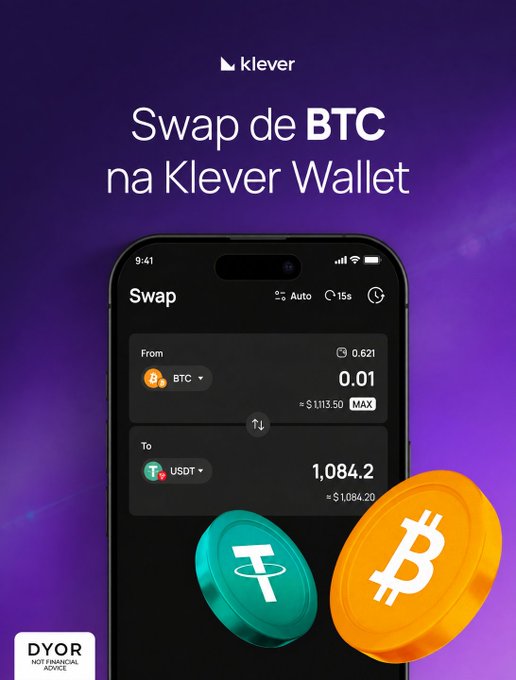 Klever wallet advertisement in Portuguese reading 'Swap de BTC na Klever Wallet' showing a phone interface for swapping BTC to USDT.