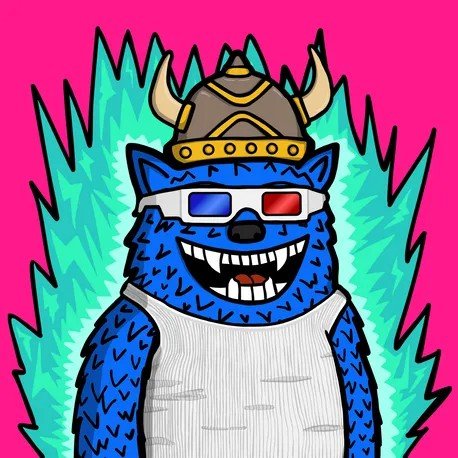 A cartoon illustration of a blue bear wearing a viking helmet and 3D glasses, set against a bright pink background with green flames.