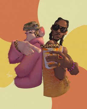 Digital illustration of two stylized figures in urban streetwear against an abstract yellow and orange background, with one wearing a camo cap and pink top and the other in sunglasses and a yellow tank top holding a can.